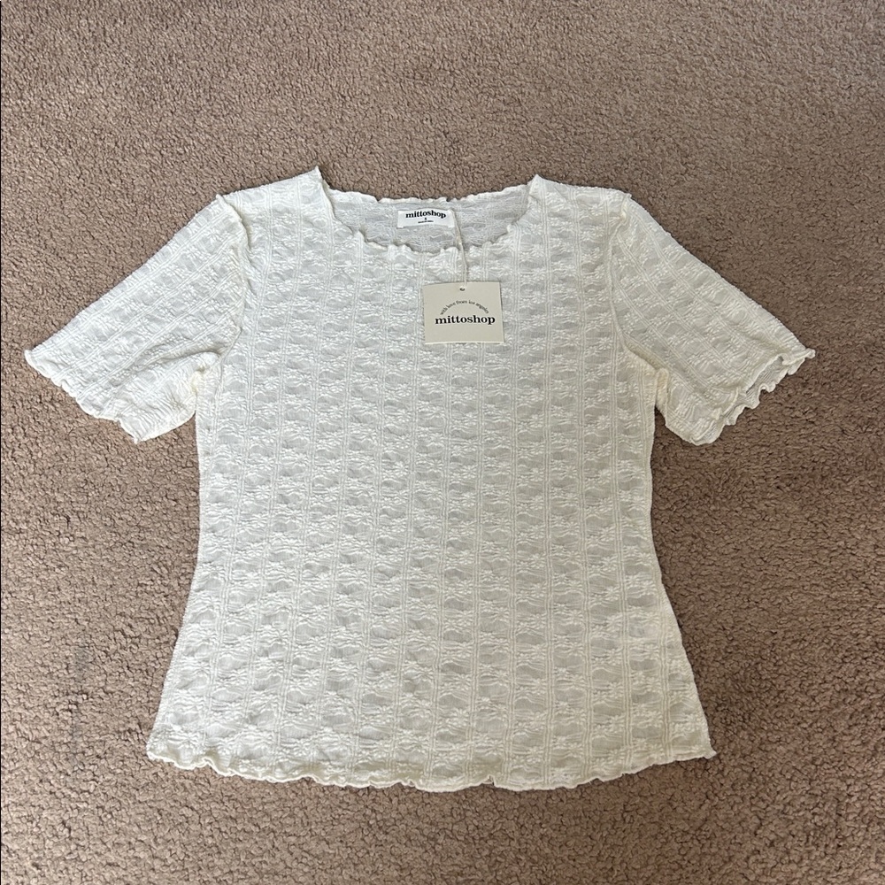 mittoshop Cream Textured Short Sleeve Knit Top